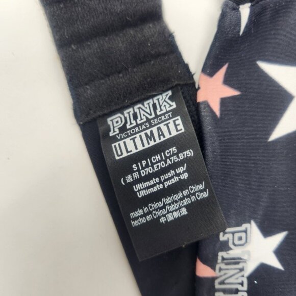 Victoria's Secret Pink Ultimate Strappy Push-Up Sports Bra SMALL Black & Stars - Picture 5 of 6